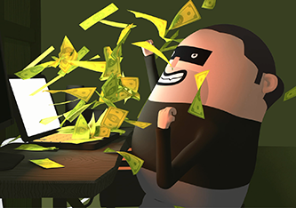 Tegneserieillustrasjon av en skurk som jubler mens penger flyr ut av laptopskjermen hans.