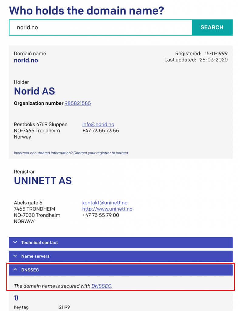 Screenshot that shows where in the domain looup result you can whether a domain name is secured with DNSSEC or not.