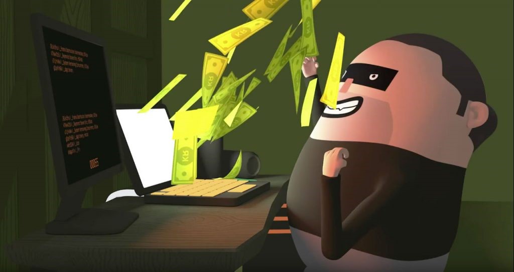 Cartoon bandit cheers when money fly out of the PC screen
